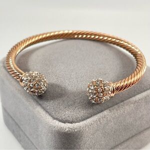 Cute Unsigned Gold Tone Twist White Rhinestone End Open Cuff Bracelet